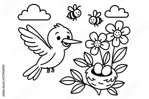 Hummingbird and Flowers. Smiling hummingbird hovering near flowers with a tiny nest, bees buzzing, and clouds above, black and
