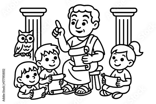 Roman Senator Lessons. Curious Roman senator teaching children with scrolls, columns, and owls nearby, black and white line art,
