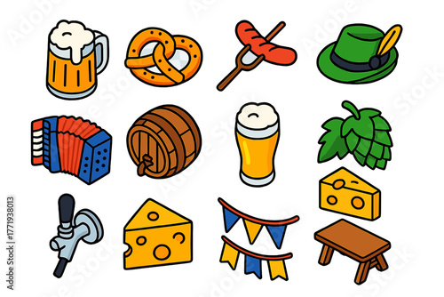 Alpine Celebration Icons. Isometric vector illustration set Alpine Celebration Linear Icons: beer stein, pretzel, grilled sausage,