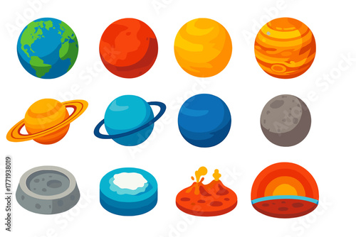 Planetary Science Icons. Isometric vector illustration set Planetary Science: Earth, Mars, Venus, Jupiter with Great Red Spot,