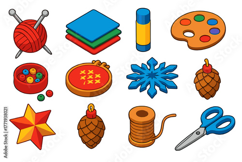 Seasonal Craft Icons. Isometric vector illustration set Seasonal Craft Icons: yarn ball, knitting needles, felt fabric, glue stick