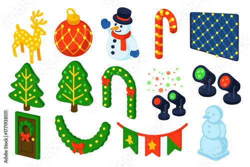 Festive Outdoor Decor Icons. Isometric vector illustration set Festive Outdoor Decorations: illuminated reindeer, giant ornament,
