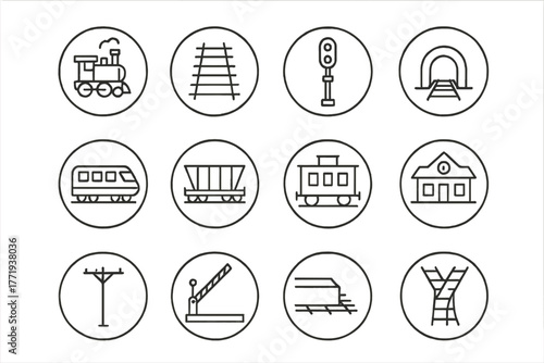 Railway Icon Collection. Line style icons of railway in round shape: locomotive, train tracks, railway signal, tunnel; passenger