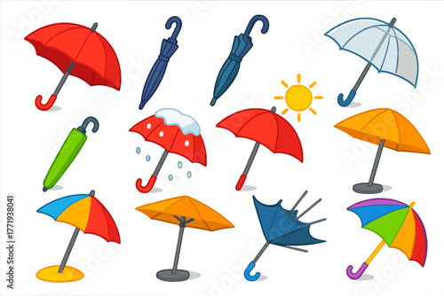 Vibrant Umbrella Icons. Isometric vector illustration set Rain Gear Umbrella Icons: open umbrella, closed umbrella, folding