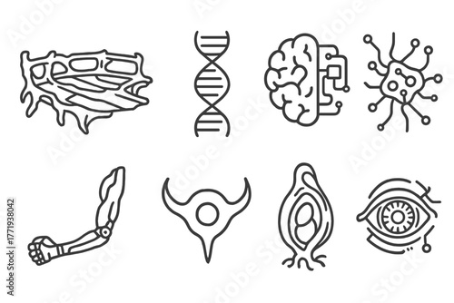 Bio-Punk Line Icons. Line style icons of Bio-Punk: Living Ship Deck, DNA Strand, Neural Interface Circuit, Organic Tech Node,