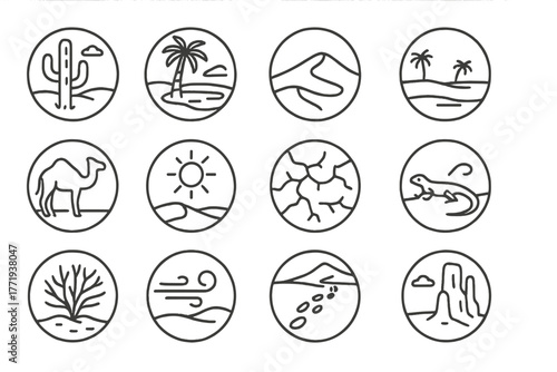 Desert Icons Collection. Line style icons of desert in round shape: cactus, oasis, sand dune, mirage; camel, desert sun, cracked