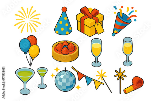 Party Celebration Icons. Isometric vector illustration set celebration elements: golden firework burst, polka dot cone hat, gift