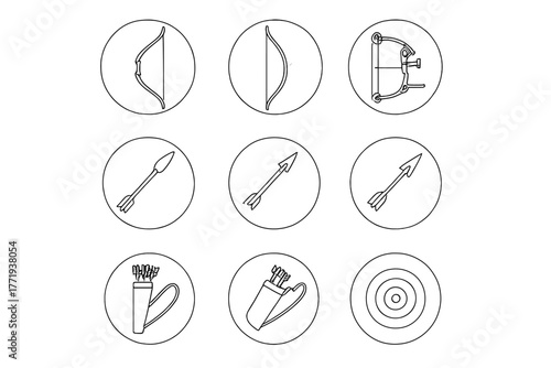 Archery Icons Collection. Line style icons of archery in round shape: recurve bow, longbow, compound bow, crossbow; arrow with