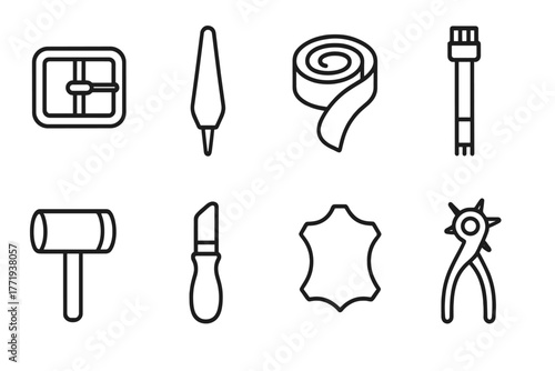 Leatherworking Tools Icons. Line style icons of Leatherworking: Buckle, Awl, Leather Strap, Stamping Tool, Mallet, Cutting Knife,