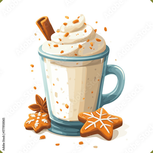 Vector illustration of festive glass of eggnog with whipped cream, cinnamon stick and gingerbread cookies isolated on a white background. Vector illustration of winter beverage on white background