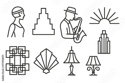 Roaring Twenties Icons. Line style icons of Roaring Twenties: Sleek Figure, Ziggurat Design, Jazz Age, Sunburst Motif, Geometric