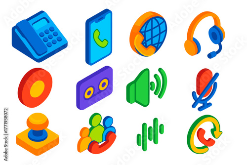 Voice Communication Icons. Isometric vector illustration set Voice Communication Icons: landline phone, mobile phone, VoIP call