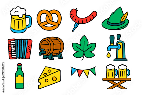 German Festival Icons. Isometric vector illustration set German Folk Festival Linear Icons: beer stein, pretzel, grilled sausage,