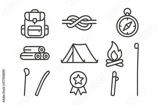 Scout Camp Icons. Line style icons of Scout Camp: Backpack, Knot, Compass, Firewood Stack, Tent, Campfire, Hiking Stick, Merit