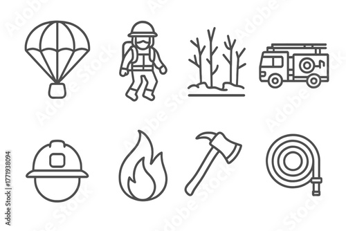 Smoke Jumper Icons. Line style icons of Smoke Jumper Action: Parachute, Smoke Jumper, Burned Forest, Fire Truck, Helmet, Flame,