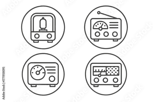 Vintage Radio Icons. Line style icons of vintage radio in round shape: vacuum tube, antenna, tuner dial, speaker; wood radio box,
