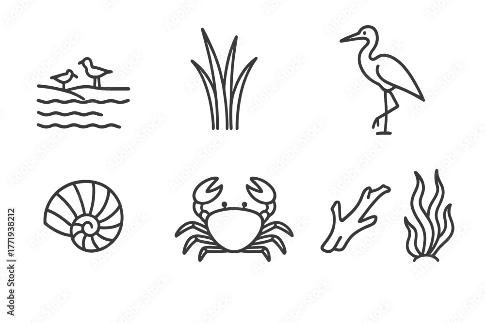 Fototapeta premium Coastal Wetland Icons. Line style icons of Coastal Wetland: Tidal Flats, Salt Marsh Grass, Crab, Wading Bird, Shell, Pond,