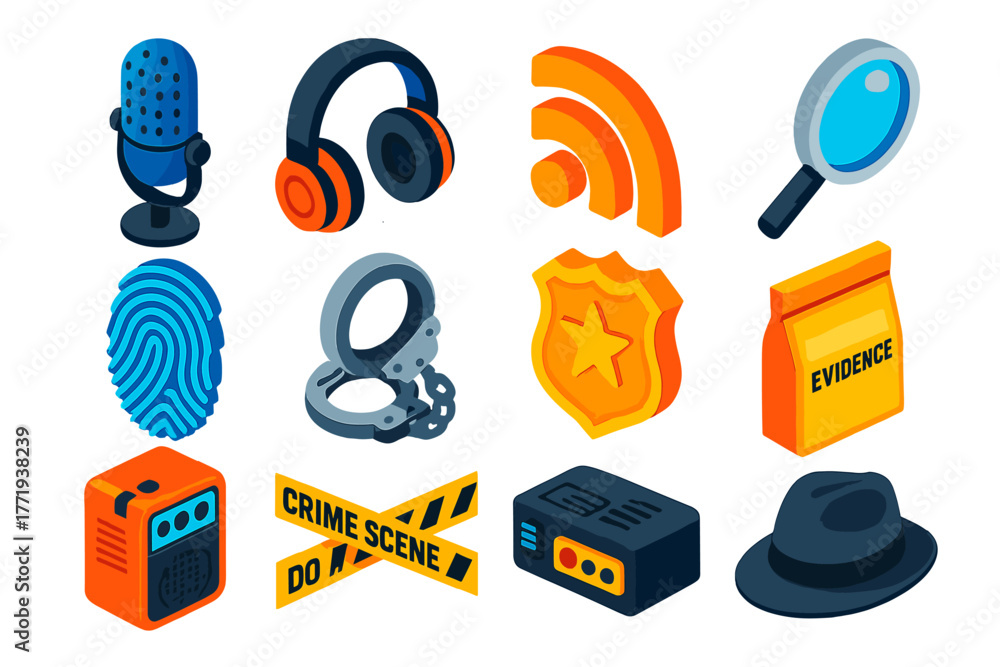 True Crime Icons. Isometric vector illustration set True Crime Podcast Icons: microphone, headphones, waveform, RSS feed icon,