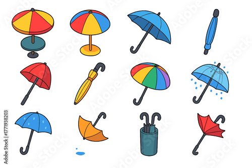 Vibrant Umbrella Icons. Isometric vector illustration set Public Space Umbrella Icons: patio umbrella, beach umbrella, open rain