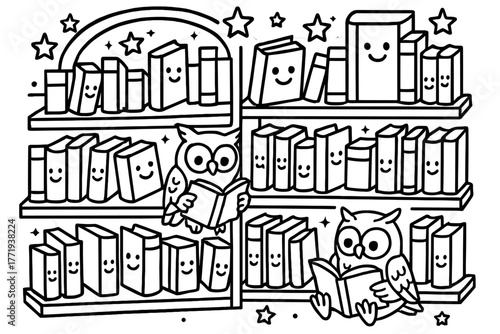 Whimsical Library Scene. Whimsical library with shelves full of smiling books, owls reading, and stars twinkling above, black and