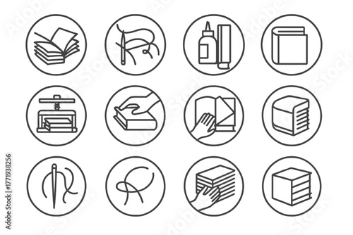 Bookbinding Process Icons. Line style icons of bookbinding processes in round shape: folding signatures, sewing folios, gluing