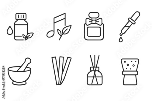Perfumery Line Icons. Line style icons of Perfumery: Essential Oil, Notes of Fragrance, Scent Bottle, Pipette, Mixing Bowl, Tester