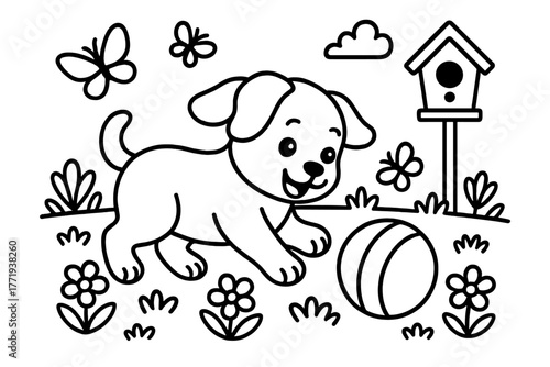 Puppy Play Yard. Playful puppy chasing a ball in the yard with butterflies, flowers, and a birdhouse nearby, black and white line