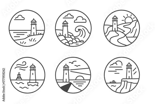 Lighthouse Coastal Icon. Line style icons of lighthouse surroundings in round shape: ocean view, grassy hill, tide rocks, crashing