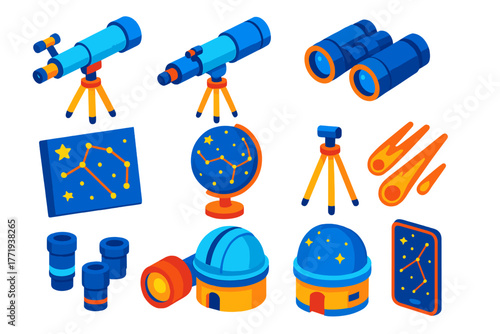 Astronomy Icon Set. Isometric vector illustration set Astronomy Observation Icons: refractor telescope, reflector telescope,