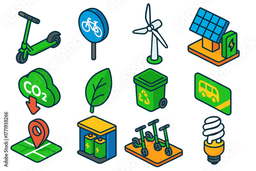 Eco Urban Mobility Icons. Isometric vector illustration set Eco-friendly Urban Mobility Icons: electric scooter, bike lane sign,