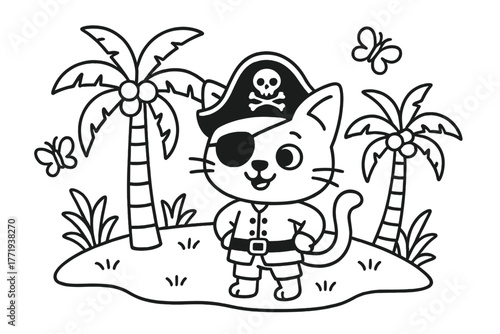 Pirate Cat Adventure. Curious pirate cat wearing an eyepatch exploring an island with palm trees, coconuts, and butterflies, black