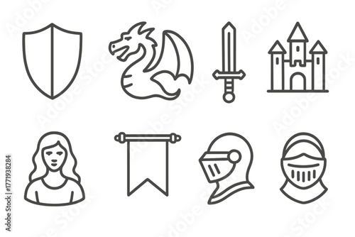 Knight's Quest Adventure. Line style icons of Knight's Quest:, Shield, Dragon, Sword, Distant Castle, Fair Maiden, Banner, Helmet,