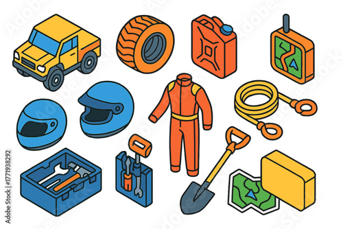 Desert Rally Gear Icons. Isometric vector illustration set Desert Rally Gear Outline Style: rally truck, sand tires, jerry can,