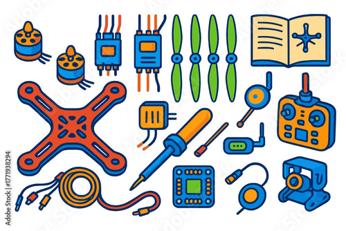 DIY Drone Kit. Isometric vector illustration set DIY Drone Building Kit: drone frame, brushless motors, electronic speed