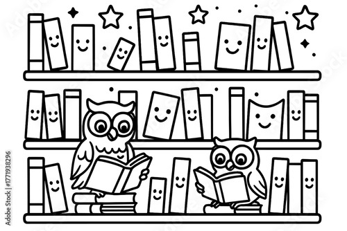 Whimsical Library Scene. Whimsical library with shelves full of smiling books, owls reading, and stars twinkling above, black and