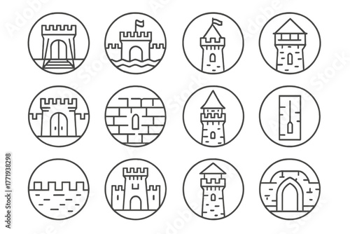 Medieval Castle Icons. Line style icons of medieval castle in round shape: drawbridge, moat, turret, portcullis; castle gate,