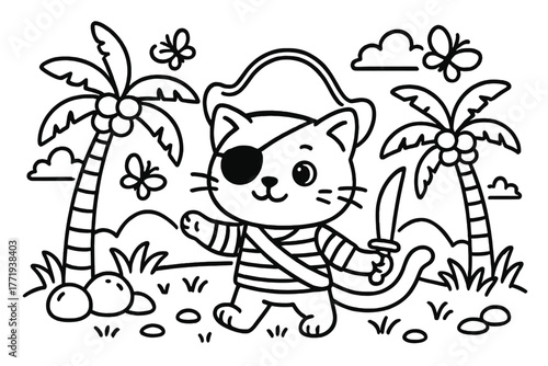 Pirate Cat Adventure. Curious pirate cat wearing an eyepatch exploring an island with palm trees, coconuts, and butterflies, black