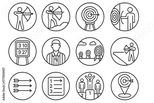 Archery Icons Collection. Line style icons of archery competitions in round shape: Olympic archery, field archery, target archery,