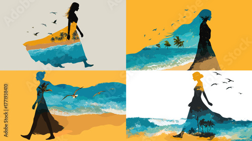 Creative double exposure silhouette of a woman blended with ocean waves and beach scenery. Artistic concept combining human figure and nature, symbolizing freedom, travel, and serenity.