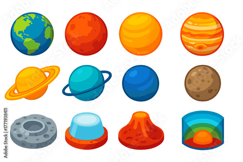 Planetary Science Icons. Isometric vector illustration set Planetary Science: Earth, Mars, Venus, Jupiter with Great Red Spot,