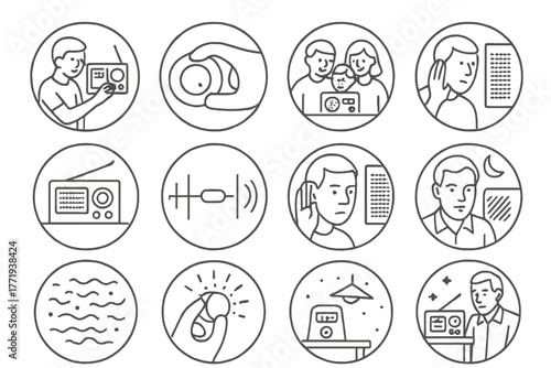 Vintage Radio Listening. Line style icons of listening scenes in round shape: person tuning radio, hand on dial, family near radio