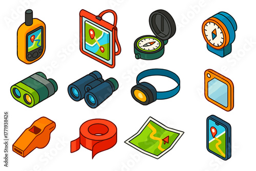 Navigation Equipment Icons. Isometric vector illustration set Navigation Equipment Icons: handheld GPS, map case, compass,