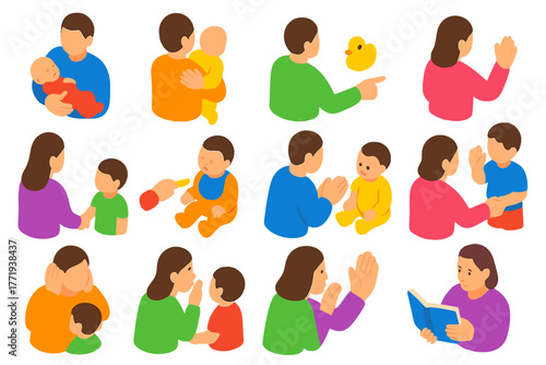 Parenting Hand Gestures. Isometric vector illustration set Parenting Hand Gestures: rocking baby, patting back, pointing to toy,