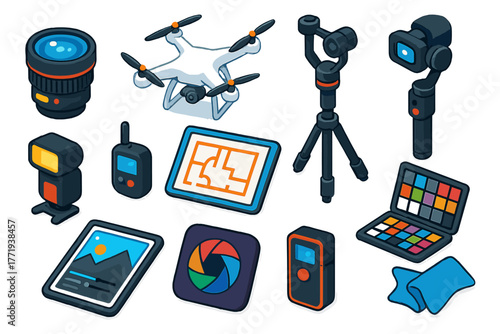 Real Estate Photography Gear. Isometric vector illustration set Real Estate Photography Gear: wide angle lens, drone, tripod,