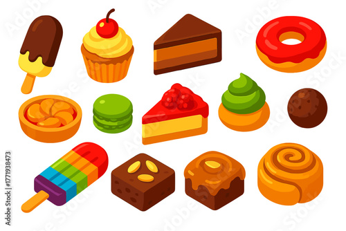 Vibrant Dessert Icons. Isometric vector illustration set dessert icons: chocolate dipped ice cream, cherry topped cupcake, mousse