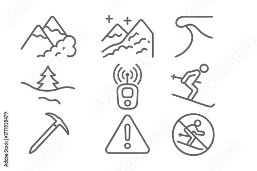 Avalanche Safety Icons. Line style icons of Northern Avalanche: Ice Patch, Snowpack, Cornice, Buried Tree, Rescue Beacon, Skier,