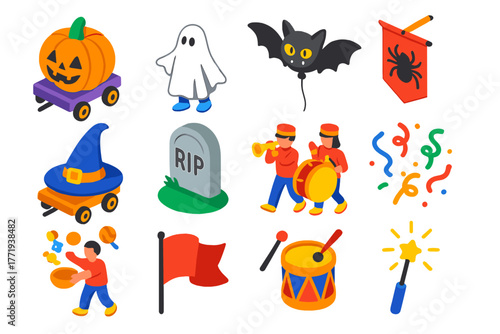 Halloween Parade Icons. Isometric vector illustration set Halloween Parade Icons: pumpkin float, ghost costume, bat balloon,