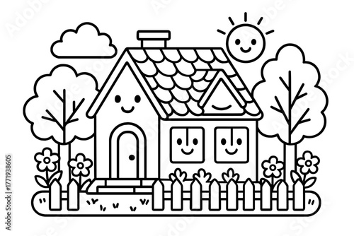 Cozy House Coloring. Cozy house with smiling windows surrounded by trees, flowers, and a picket fence, black and white line art,
