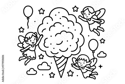 Cotton Candy Cloud. Magical cotton candy cloud floating in the sky with fairies, balloons, and stars around, black and white line