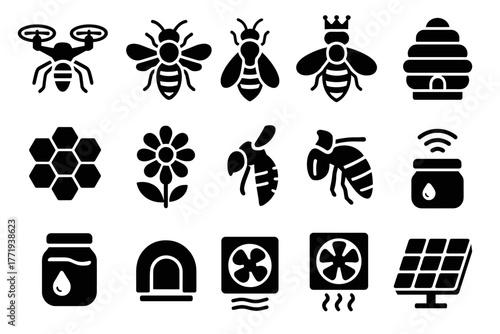 Queen flower vector apiary solar bee icons honeycomb futuristic entrance hive beehive